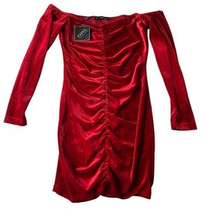 ZAFUL Off The Shoulder Velvet Ruched Bodycon Dress - Ruby Red S